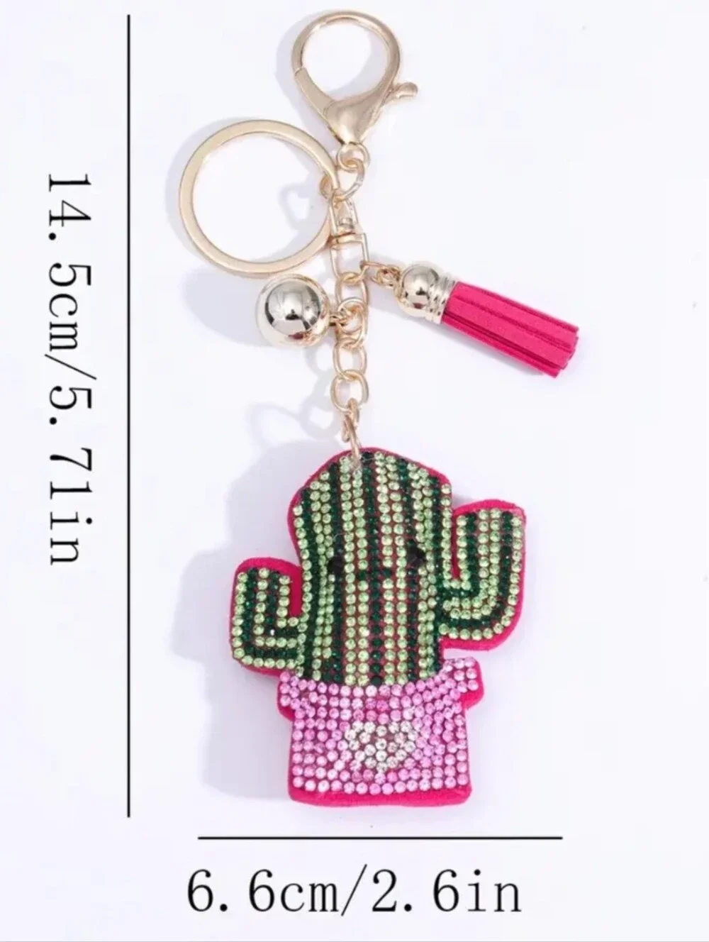 Western Cactus Crystal Rhinestone Keychain Bag Charm With Pink Tassel